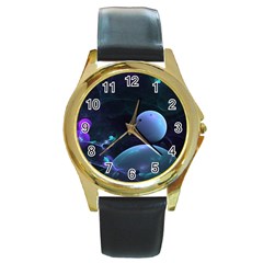 The Music Of My Goddess, Abstract Cyan Mystery Planet Round Gold Metal Watch by DianeClancy