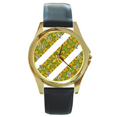 Indian Floral Pattern Stripes Round Gold Metal Watch by dflcprints