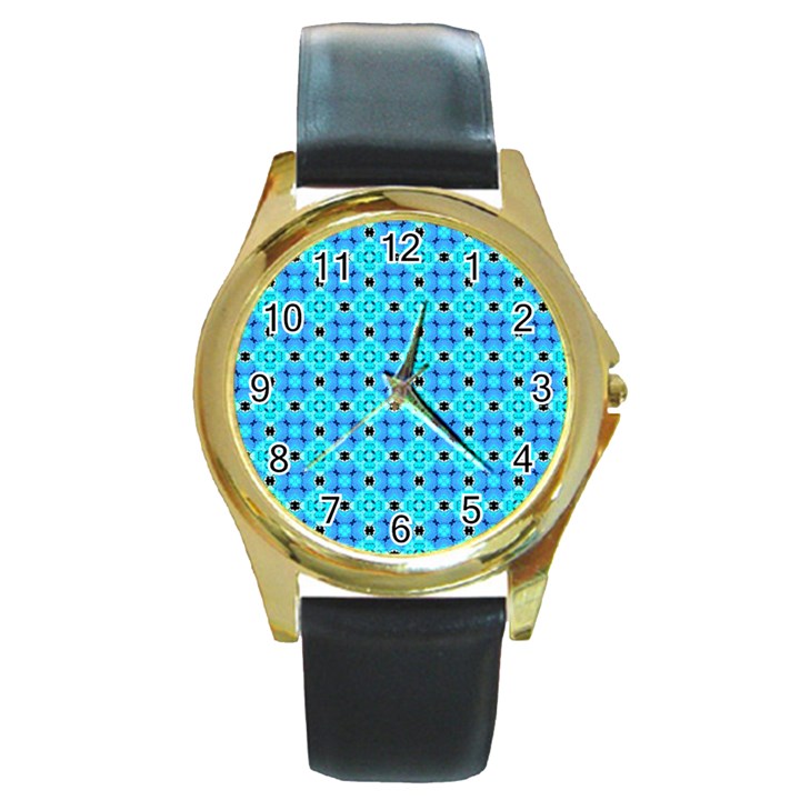 Vibrant Modern Abstract Lattice Aqua Blue Quilt Round Gold Metal Watch