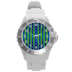 Blue Green Geometric Round Plastic Sport Watch (l) by BrightVibesDesign