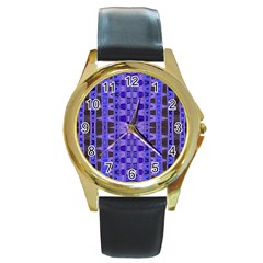 Blue Black Geometric Pattern Round Gold Metal Watch