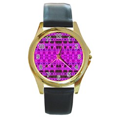 Bright Pink Black Geometric Pattern Round Gold Metal Watch