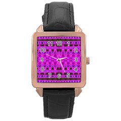 Bright Pink Black Geometric Pattern Rose Gold Leather Watch 