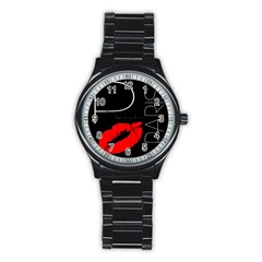 Greetings From Paris Red Lipstick Kiss Black Postcard Stainless Steel Round Watch by yoursparklingshop