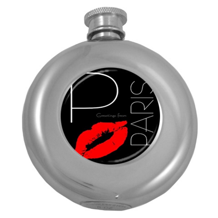 Greetings From Paris Red Lipstick Kiss Black Postcard Round Hip Flask (5 oz)