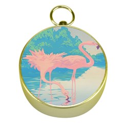 Two Pink Flamingos Pop Art Gold Compasses by WaltCurleeArt