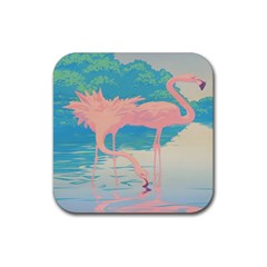 Two Pink Flamingos Pop Art Rubber Coaster (square)  by WaltCurleeArt