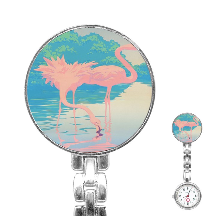 Two Pink Flamingos Pop Art Stainless Steel Nurses Watch