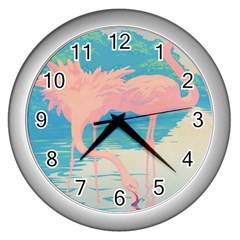 Two Pink Flamingos Pop Art Wall Clocks (silver)  by WaltCurleeArt