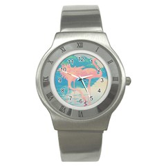Two Pink Flamingos Pop Art Stainless Steel Watch