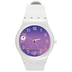 Abstract Tropical Birds Purple Sunset  Round Plastic Sport Watch (m) by WaltCurleeArt