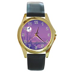 Abstract Tropical Birds Purple Sunset Round Gold Metal Watch by WaltCurleeArt