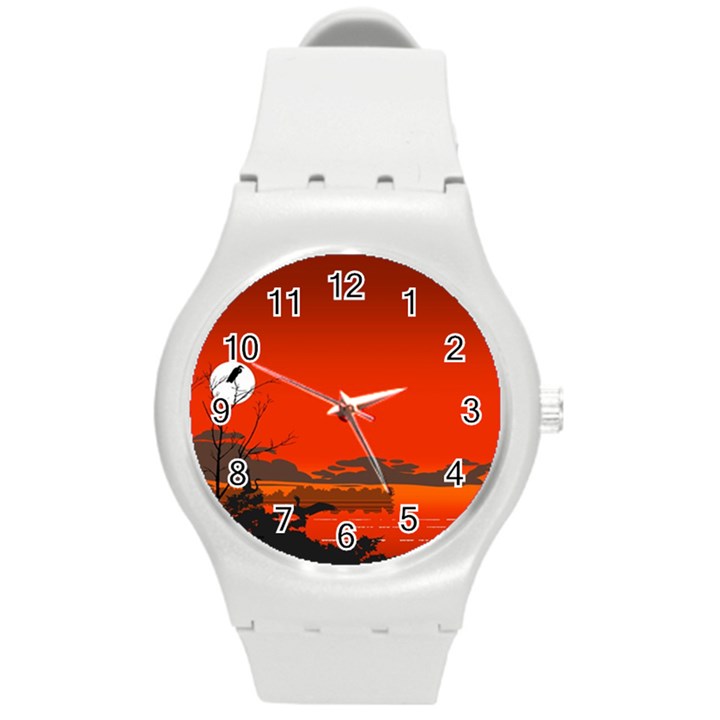 Tropical Birds Orange Sunset Landscape Round Plastic Sport Watch (M)