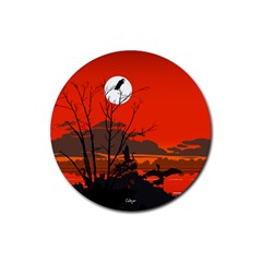 Tropical Birds Orange Sunset Landscape Rubber Round Coaster (4 Pack)  by WaltCurleeArt