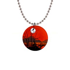 Tropical Birds Orange Sunset Landscape Button Necklaces by WaltCurleeArt