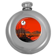 Tropical Birds Orange Sunset Landscape Round Hip Flask (5 Oz) by WaltCurleeArt