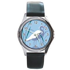 Egret Round Metal Watch by WaltCurleeArt