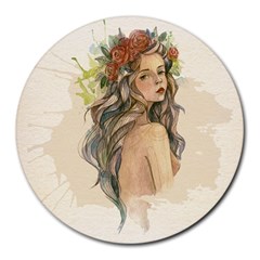 Beauty Of A Woman In Watercolor Style Round Mousepads