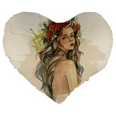 Beauty Of A Woman In Watercolor Style Large 19  Premium Flano Heart Shape Cushions