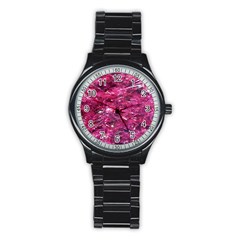 Festive Hot Pink Glitter Merry Christmas Tree  Stainless Steel Round Watch by yoursparklingshop
