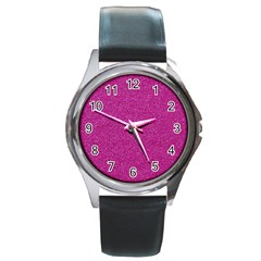 Metallic Pink Glitter Texture Round Metal Watch by yoursparklingshop