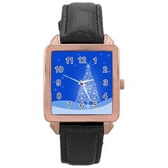 Blue White Christmas Tree Rose Gold Leather Watch  by yoursparklingshop