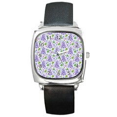 Liliac Flowers And Leaves Pattern Square Metal Watch