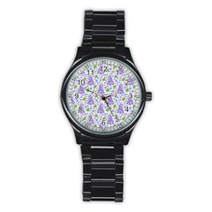 Liliac Flowers And Leaves Pattern Stainless Steel Round Watch by TastefulDesigns