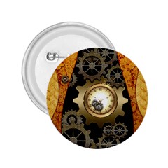 Steampunk Golden Design With Clocks And Gears 2 25  Buttons by FantasyWorld7