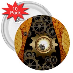 Steampunk Golden Design With Clocks And Gears 3  Buttons (10 Pack)  by FantasyWorld7