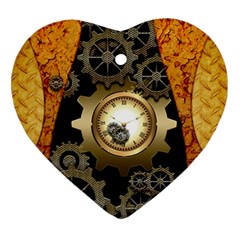 Steampunk Golden Design With Clocks And Gears Heart Ornament (2 Sides) by FantasyWorld7