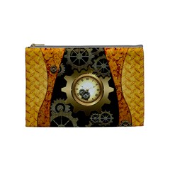 Steampunk Golden Design With Clocks And Gears Cosmetic Bag (medium)  by FantasyWorld7