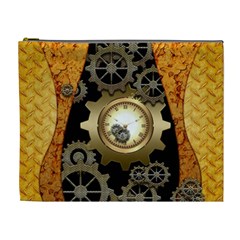 Steampunk Golden Design With Clocks And Gears Cosmetic Bag (xl) by FantasyWorld7
