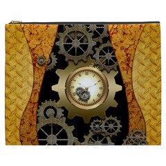 Steampunk Golden Design With Clocks And Gears Cosmetic Bag (xxxl)  by FantasyWorld7