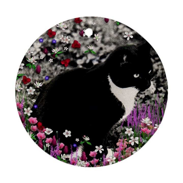 Freckles In Flowers Ii, Black White Tux Cat Ornament (Round) 