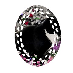 Freckles In Flowers Ii, Black White Tux Cat Oval Filigree Ornament (2-side)  by DianeClancy