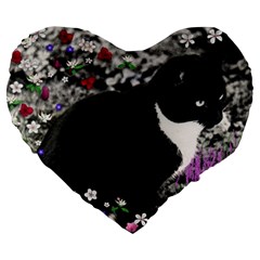 Freckles In Flowers Ii, Black White Tux Cat Large 19  Premium Heart Shape Cushions by DianeClancy