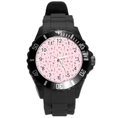 Cute Pink Birds And Flowers Pattern Round Plastic Sport Watch (l)