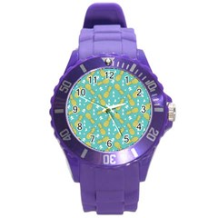 Summer Pineapples Fruit Pattern Round Plastic Sport Watch (l)