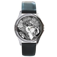 Smoking Woman Round Leather Watch (Silver Rim)