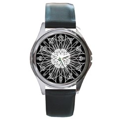 Black And White Flower Mandala Art Kaleidoscope Round Metal Watch