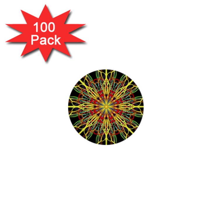 Kaleidoscope Flower Mandala Art Black Yellow Orange Red 1  Mini Buttons (100 pack) 