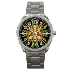 Kaleidoscope Flower Mandala Art Black Yellow Orange Red Sport Metal Watch by yoursparklingshop