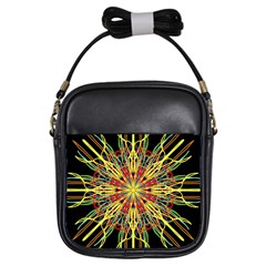 Kaleidoscope Flower Mandala Art Black Yellow Orange Red Girls Sling Bags by yoursparklingshop