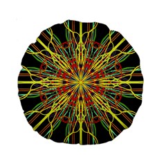 Kaleidoscope Flower Mandala Art Black Yellow Orange Red Standard 15  Premium Round Cushions