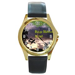 Happy Halloween Night Witch Flying Round Gold Metal Watch by canvasngiftshop