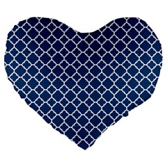 Navy Blue Quatrefoil Pattern Large 19  Premium Flano Heart Shape Cushion by Zandiepants