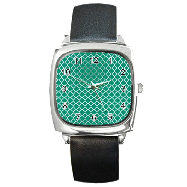 Emerald green quatrefoil pattern Square Metal Watch