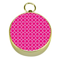 Hot Pink Quatrefoil Pattern Gold Compass by Zandiepants
