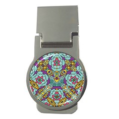 Mariager - Bold Blue,purple And Yellow Flower Design Money Clip (round)